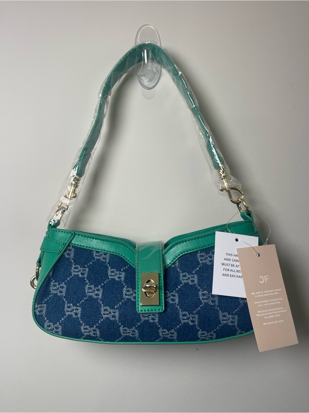 JustFab Denim Shoulder Bag with Teal Trim